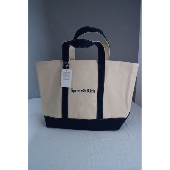 Sporty & Rich Serif Tote Bag Cream Navy Canvas Travel Shopper Beach Gym - Picture 1 of 5